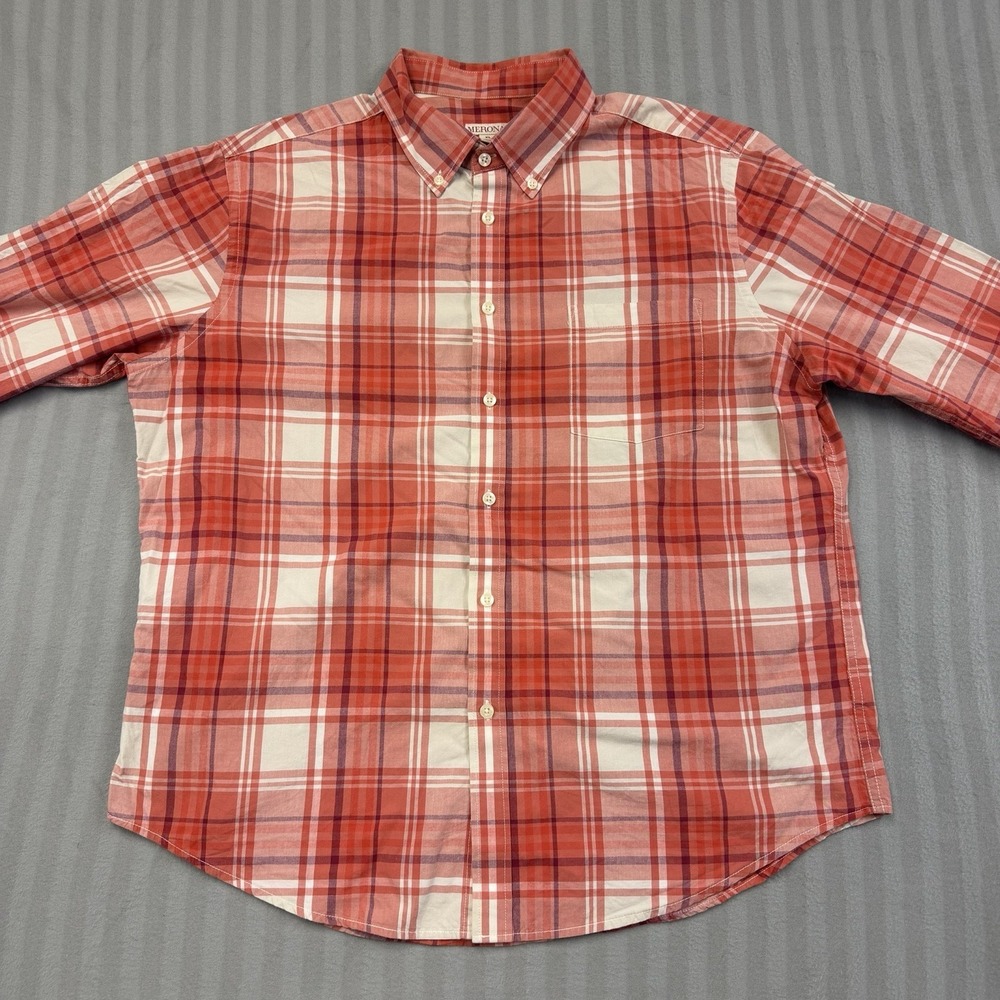 Merona Men's Button Down Long‎ Sleeve Plaid Red Shirt Size XL